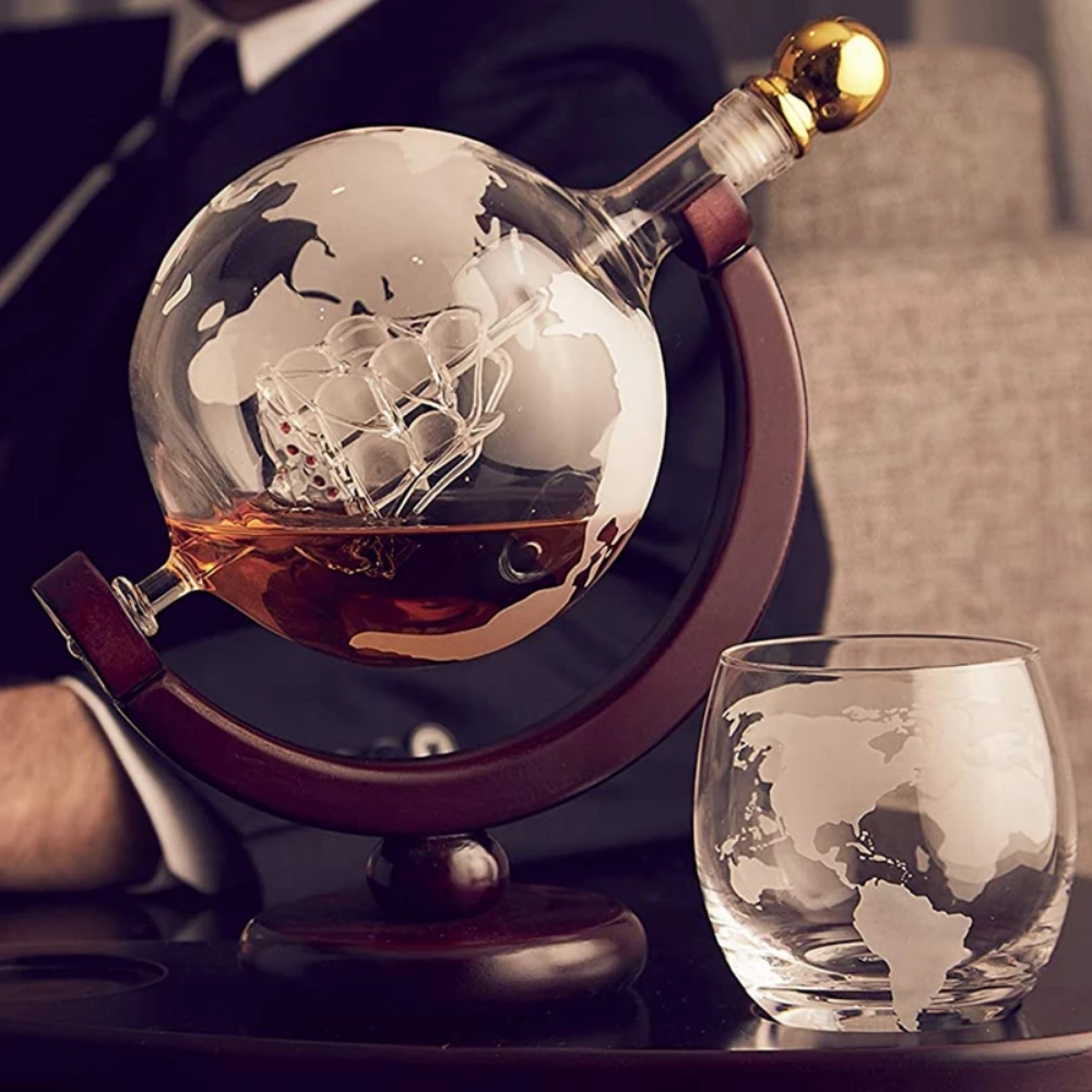 Whiskey Decanter Globe Set with 2 Etched Globe Whisky Glasses