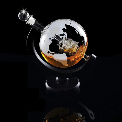 Globe Decanter Set With Carafe, Exquisite Wood-Stand, And 2 Whiskey Glasses