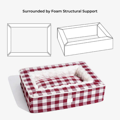 Calming Dog Bed – Festive Tartan Cozy Anti-Anxiety Washable Plush Nest with Foam Support