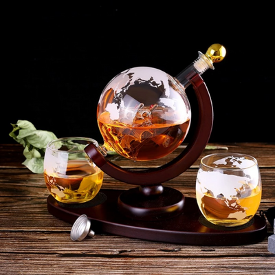 Whiskey Decanter Globe Set with 2 Etched Globe Whisky Glasses