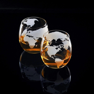 Globe Decanter Set With Carafe, Exquisite Wood-Stand, And 2 Whiskey Glasses