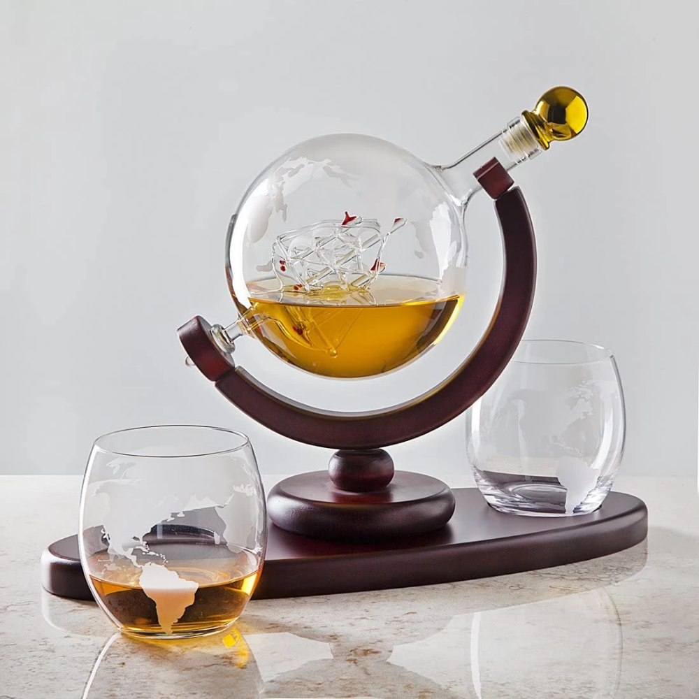 Whiskey Decanter Globe Set with 2 Etched Globe Whisky Glasses