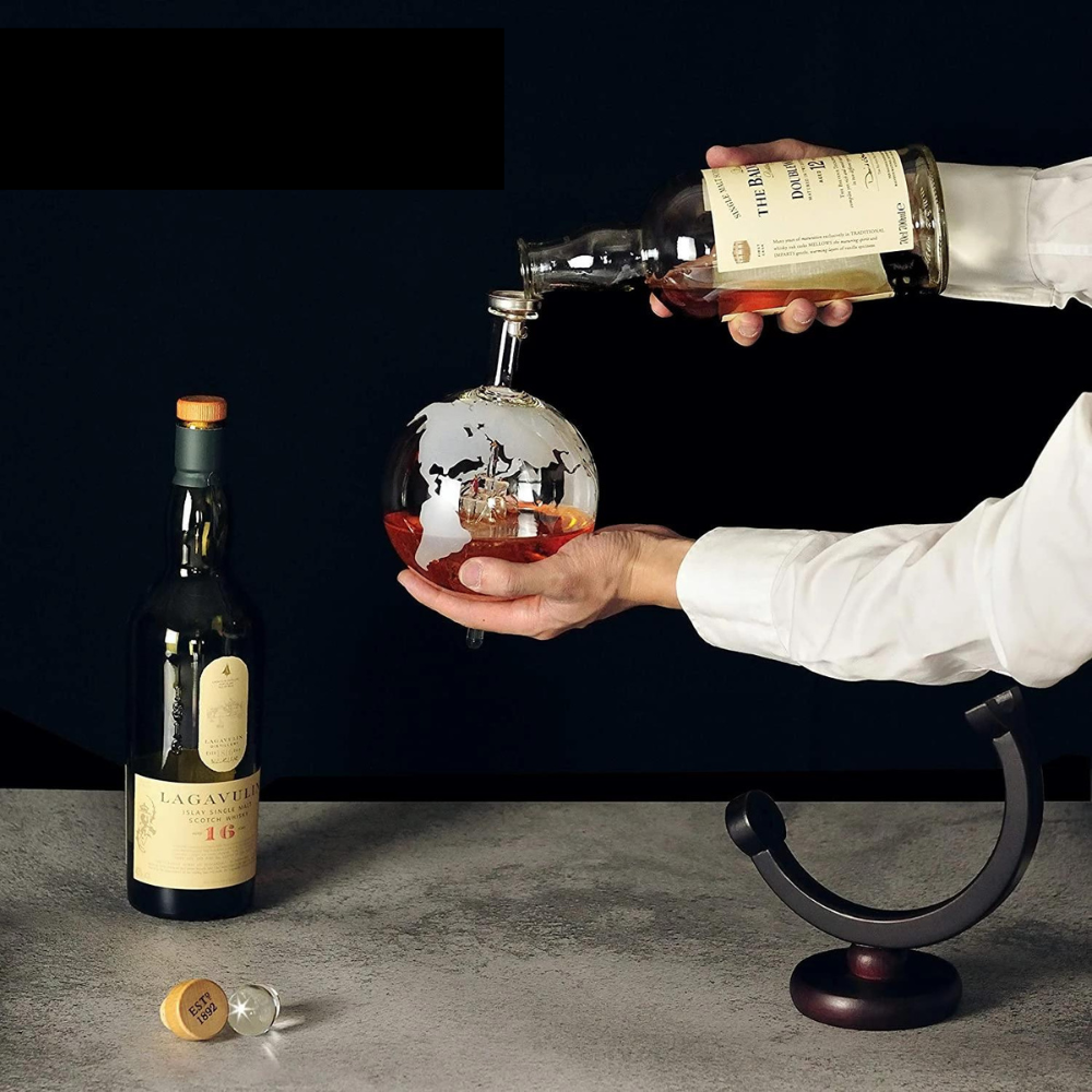 Globe Decanter Set With Carafe, Exquisite Wood-Stand, And 2 Whiskey Glasses