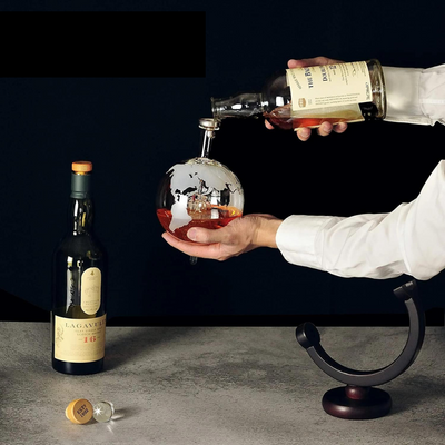 Globe Decanter Set With Carafe, Exquisite Wood-Stand, And 2 Whiskey Glasses