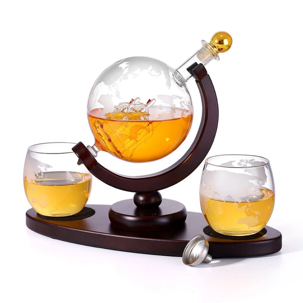 Whiskey Decanter Globe Set with 2 Etched Globe Whisky Glasses
