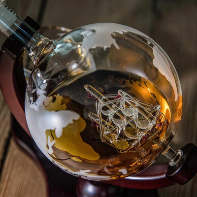 Globe Decanter Set With Carafe, Exquisite Wood-Stand, And 2 Whiskey Glasses