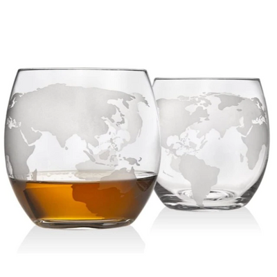 Whiskey Decanter Globe Set with 2 Etched Globe Whisky Glasses