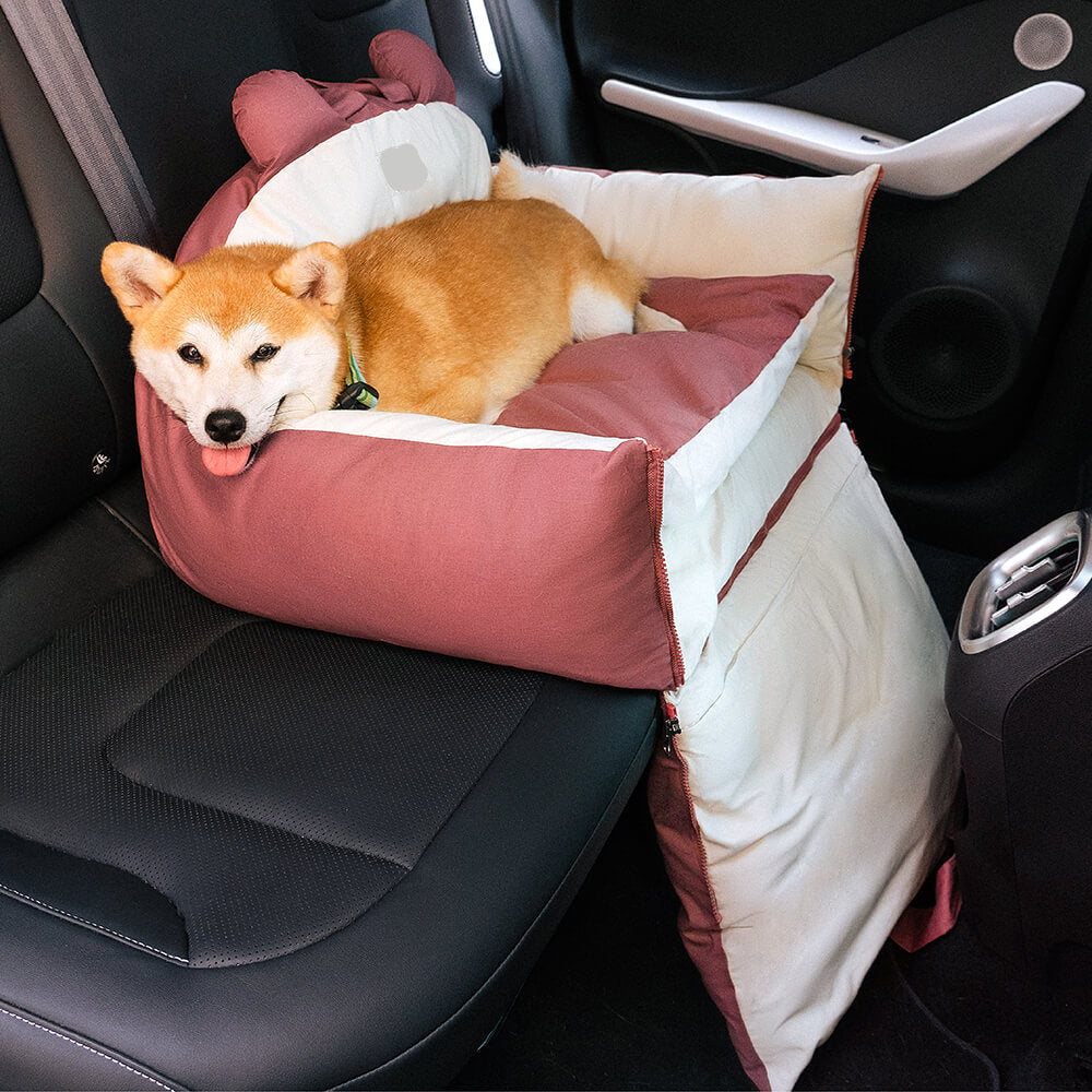 Dog Car Seat Bed – Bear Ears Safety Booster, Washable Plush Travel Seat for Small & Medium Dogs