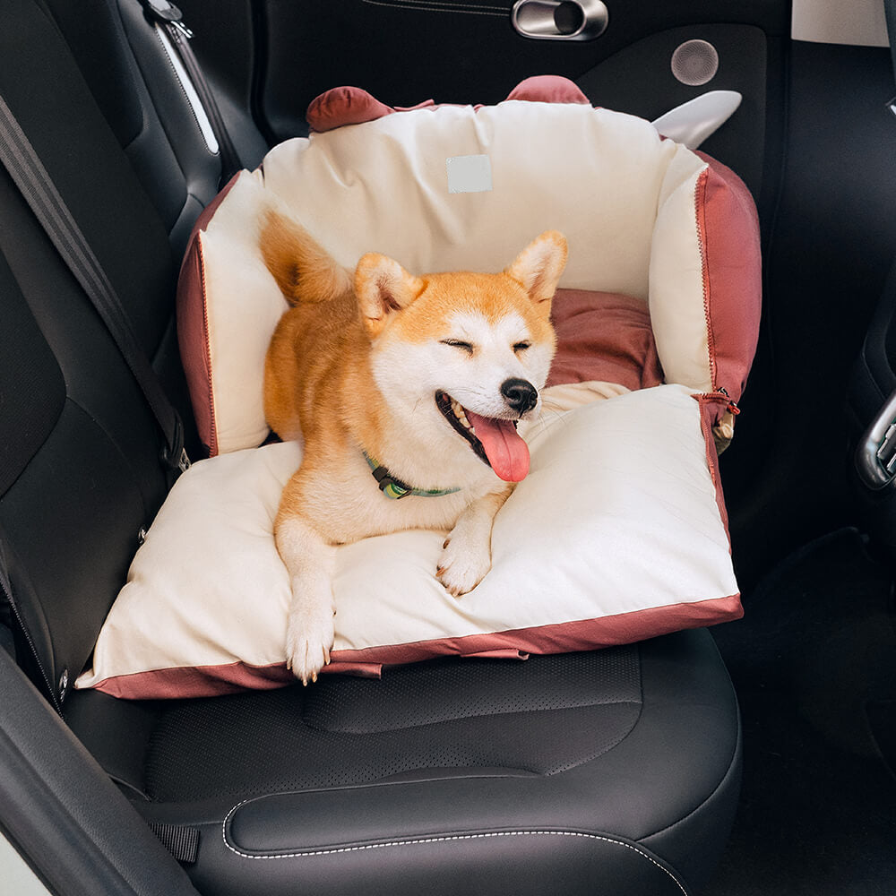 Dog Car Seat Bed – Bear Ears Safety Booster, Washable Plush Travel Seat for Small & Medium Dogs