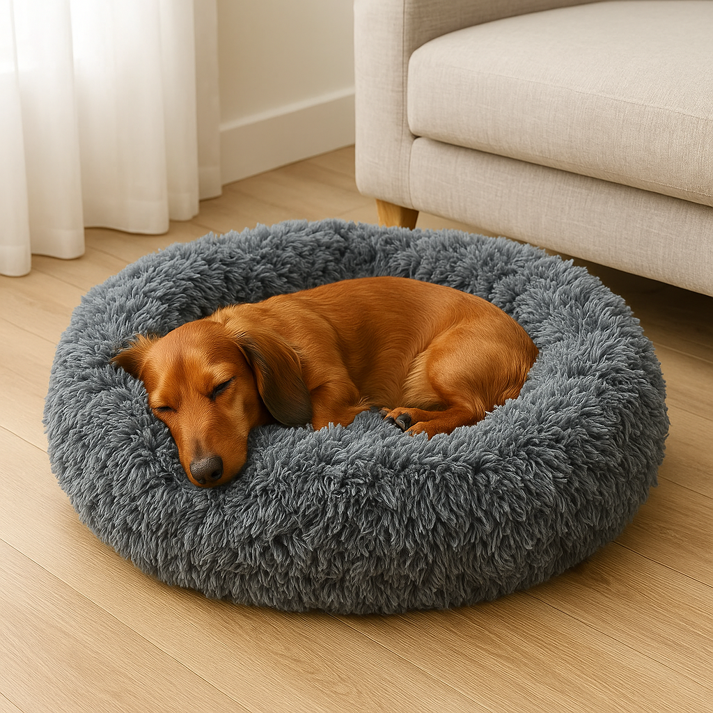 Calming Dog Bed – Anti-Anxiety Donut with Raised Rim, Self-Warming Faux Shag Fur