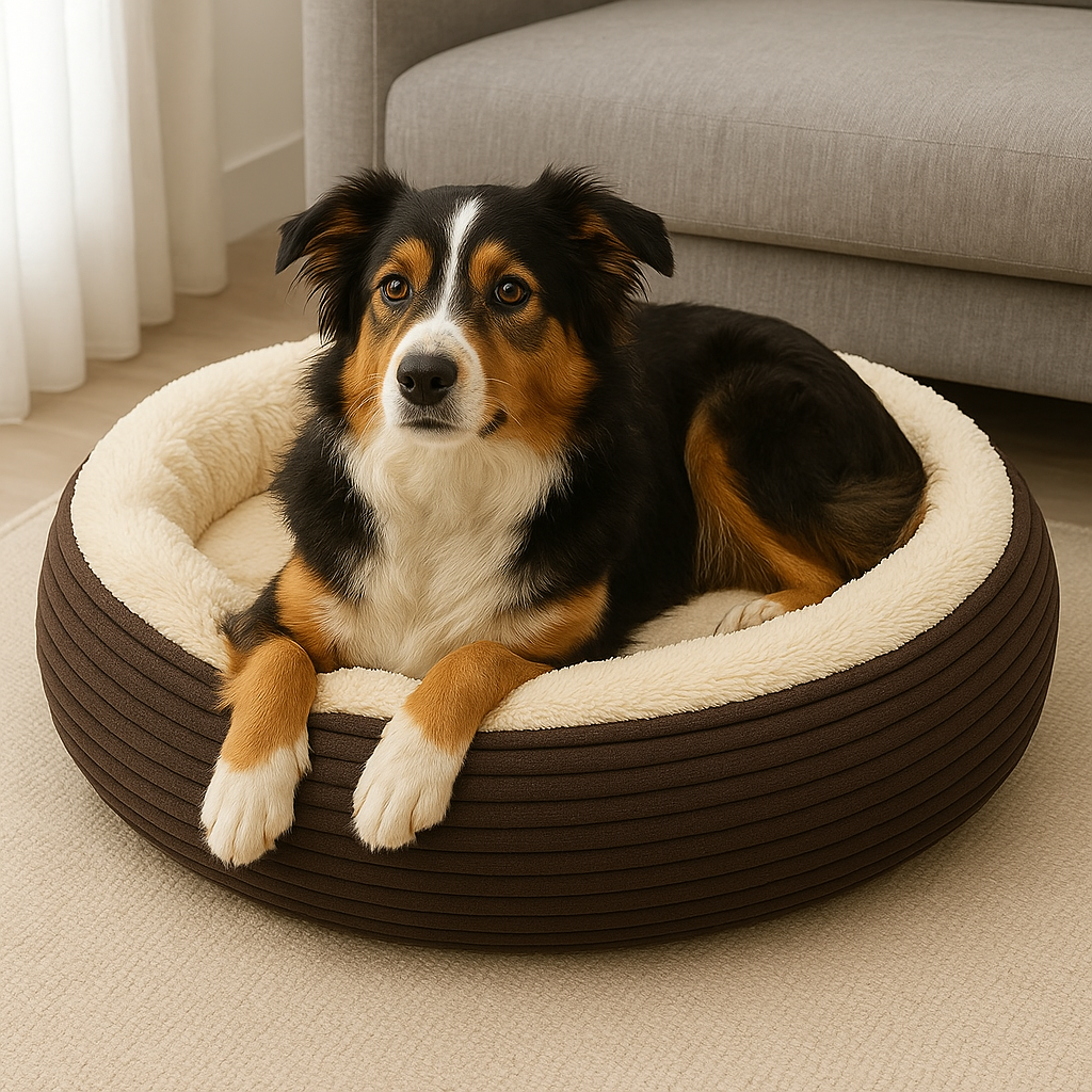 Large Plush Dog Bed for Large Dogs – Washable Cover, Anti-Slip, Calming Bolster (Grey/Cream)
