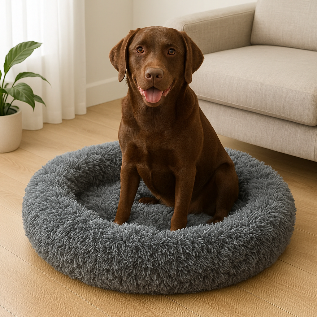 Calming Dog Bed – Anti-Anxiety Donut with Raised Rim, Self-Warming Faux Shag Fur