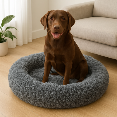 Calming Dog Bed – Anti-Anxiety Donut with Raised Rim, Self-Warming Faux Shag Fur