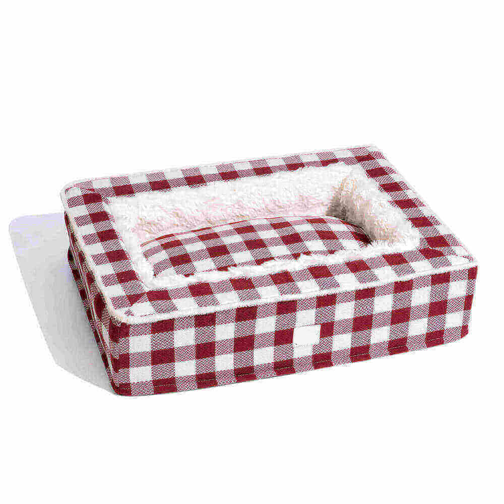Calming Dog Bed – Festive Tartan Cozy Anti-Anxiety Washable Plush Nest with Foam Support