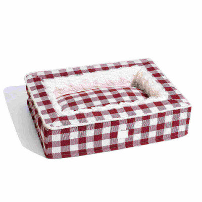 Calming Dog Bed – Festive Tartan Cozy Anti-Anxiety Washable Plush Nest with Foam Support