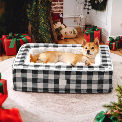 Calming Dog Bed – Festive Tartan Cozy Anti-Anxiety Washable Plush Nest with Foam Support