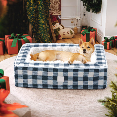 Calming Dog Bed – Festive Tartan Cozy Anti-Anxiety Washable Plush Nest with Foam Support