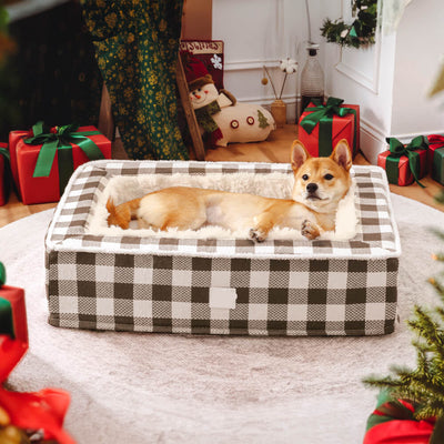 Calming Dog Bed – Festive Tartan Cozy Anti-Anxiety Washable Plush Nest with Foam Support