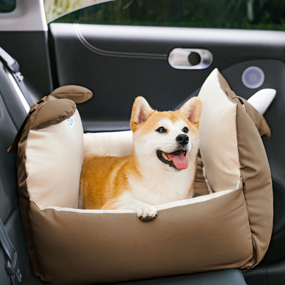 Dog Car Seat Bed – Bear Ears Safety Booster, Washable Plush Travel Seat for Small & Medium Dogs