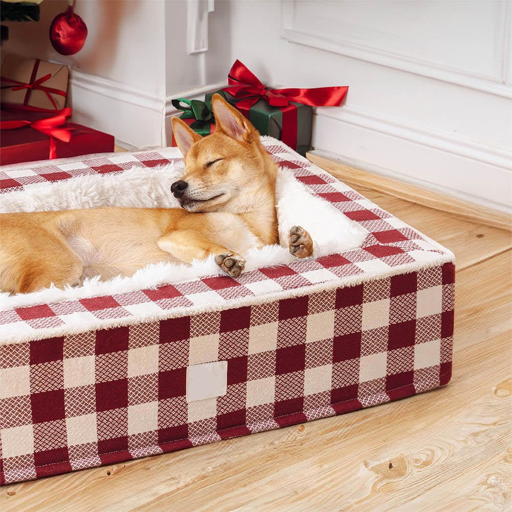 Calming Dog Bed – Festive Tartan Cozy Anti-Anxiety Washable Plush Nest with Foam Support