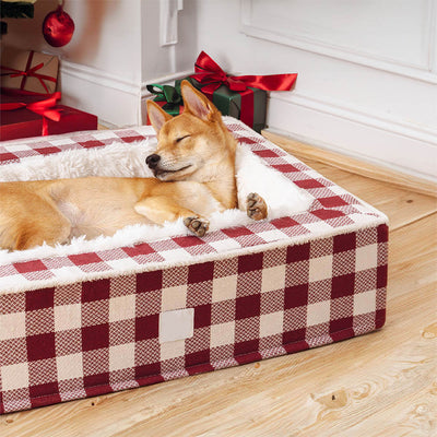 Calming Dog Bed – Festive Tartan Cozy Anti-Anxiety Washable Plush Nest with Foam Support