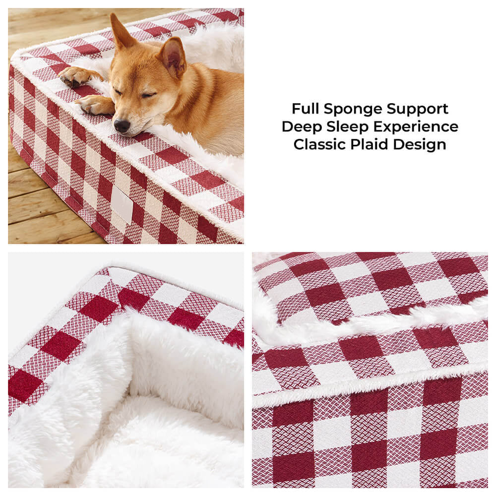 Calming Dog Bed – Festive Tartan Cozy Anti-Anxiety Washable Plush Nest with Foam Support