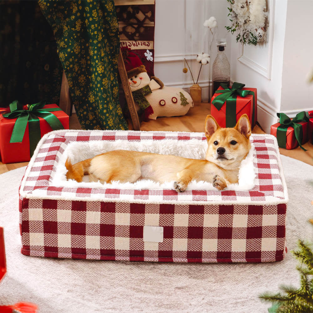Calming Dog Bed – Festive Tartan Cozy Anti-Anxiety Washable Plush Nest with Foam Support