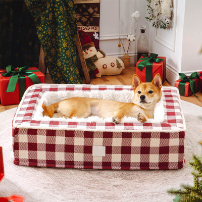 Calming Dog Bed – Festive Tartan Cozy Anti-Anxiety Washable Plush Nest with Foam Support