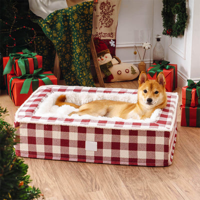 Calming Dog Bed – Festive Tartan Cozy Anti-Anxiety Washable Plush Nest with Foam Support