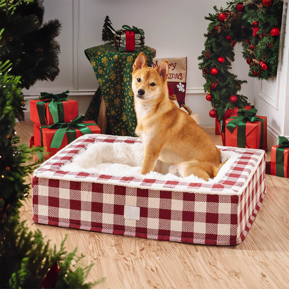 Calming Dog Bed – Festive Tartan Cozy Anti-Anxiety Washable Plush Nest with Foam Support