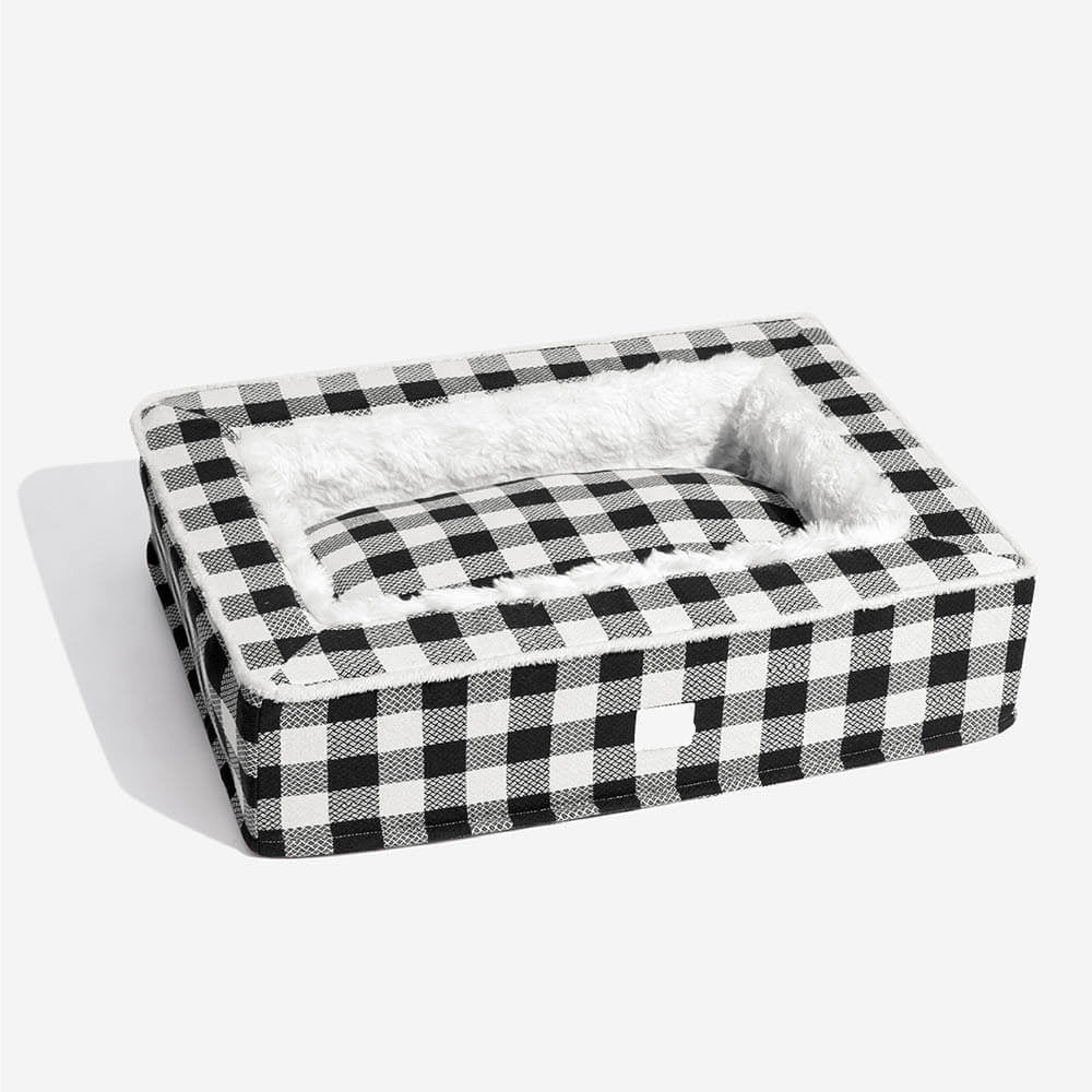 Calming Dog Bed – Festive Tartan Cozy Anti-Anxiety Washable Plush Nest with Foam Support