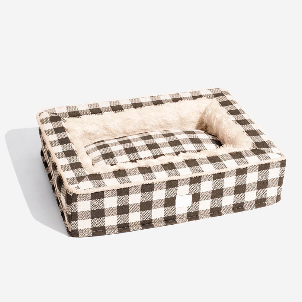 Calming Dog Bed – Festive Tartan Cozy Anti-Anxiety Washable Plush Nest with Foam Support