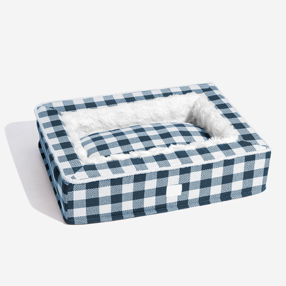 Calming Dog Bed – Festive Tartan Cozy Anti-Anxiety Washable Plush Nest with Foam Support