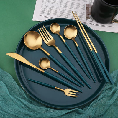 Green/Golden (4406)-24 PCs Premium Steel Cutlery Set