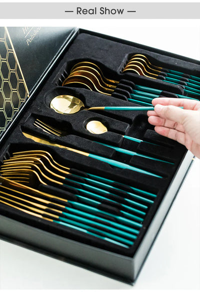 Green/Golden (4406)-24 PCs Premium Steel Cutlery Set