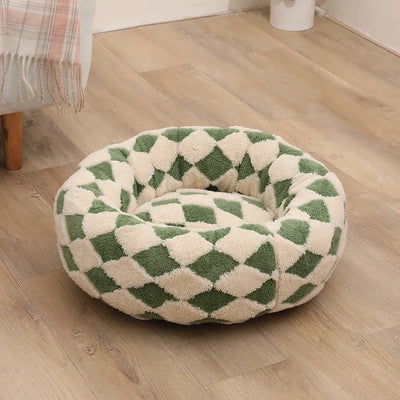 Donut Dog Bed – Calming Checker Plush Washable Cozy Nest for Small & Medium Dogs