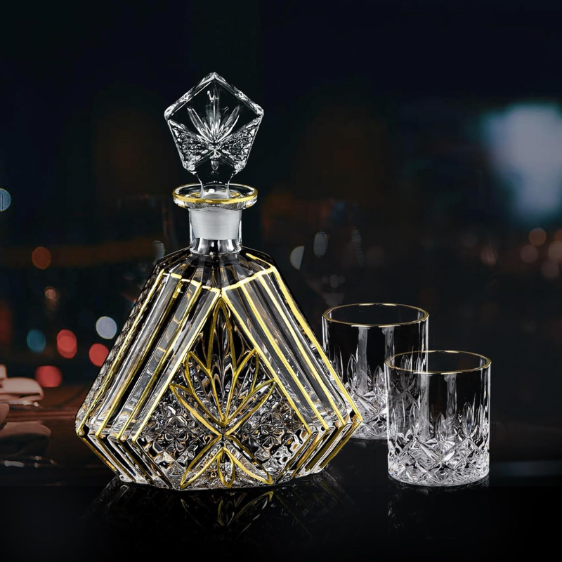 Trimmed Crystal Decanter Set With Two Glasses