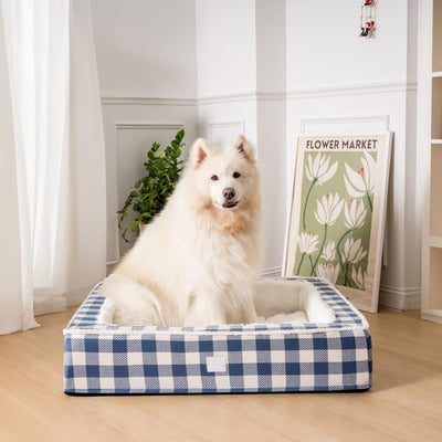 Calming Dog Bed – Festive Tartan Cozy Anti-Anxiety Washable Plush Nest with Foam Support