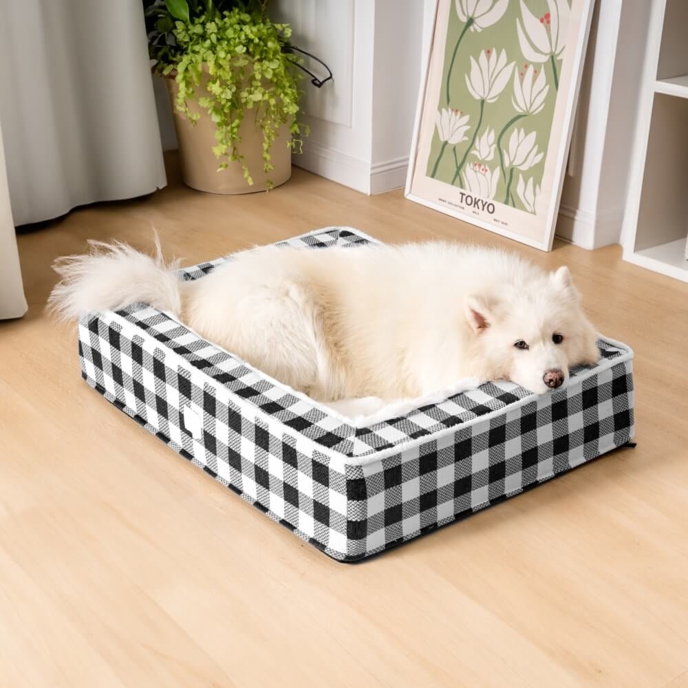 Calming Dog Bed – Festive Tartan Anti-Anxiety Plush Nest with Washable Cover & Orthopedic Foam Support (M–XL)
