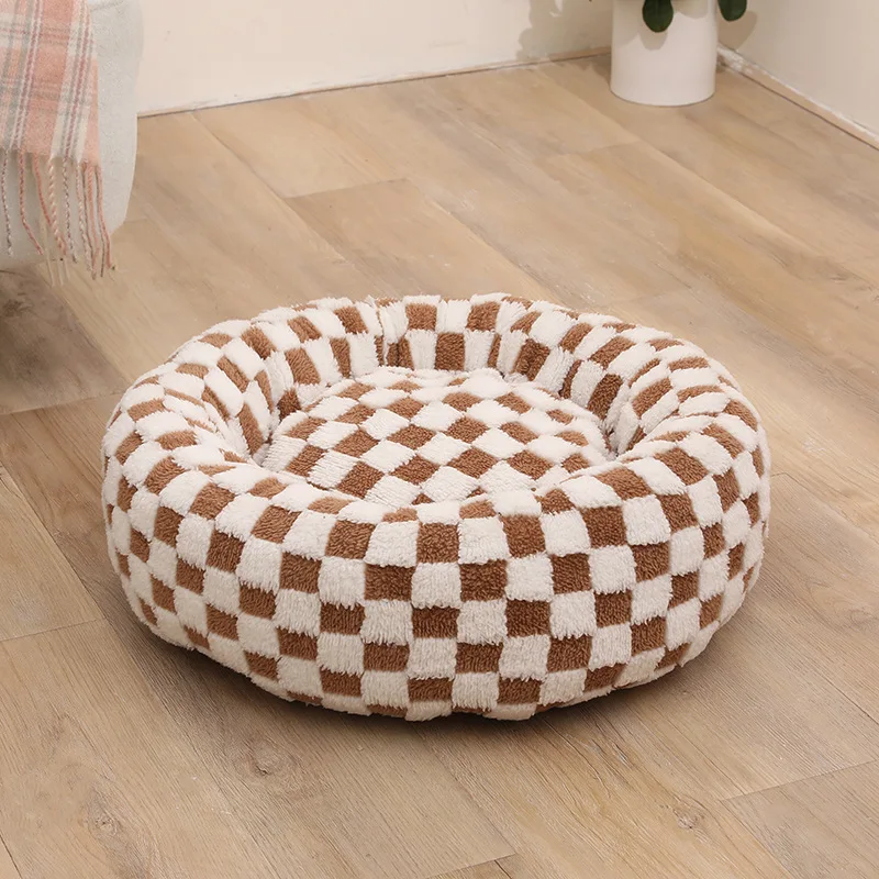 Donut Dog Bed – Calming Checker Plush Washable Cozy Nest for Small & Medium Dogs