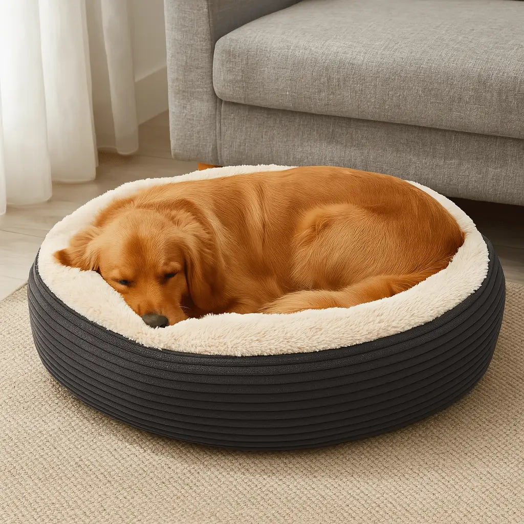 Large Plush Dog Bed for Large Dogs – Washable Cover, Anti-Slip, Calming Bolster (Grey/Cream)